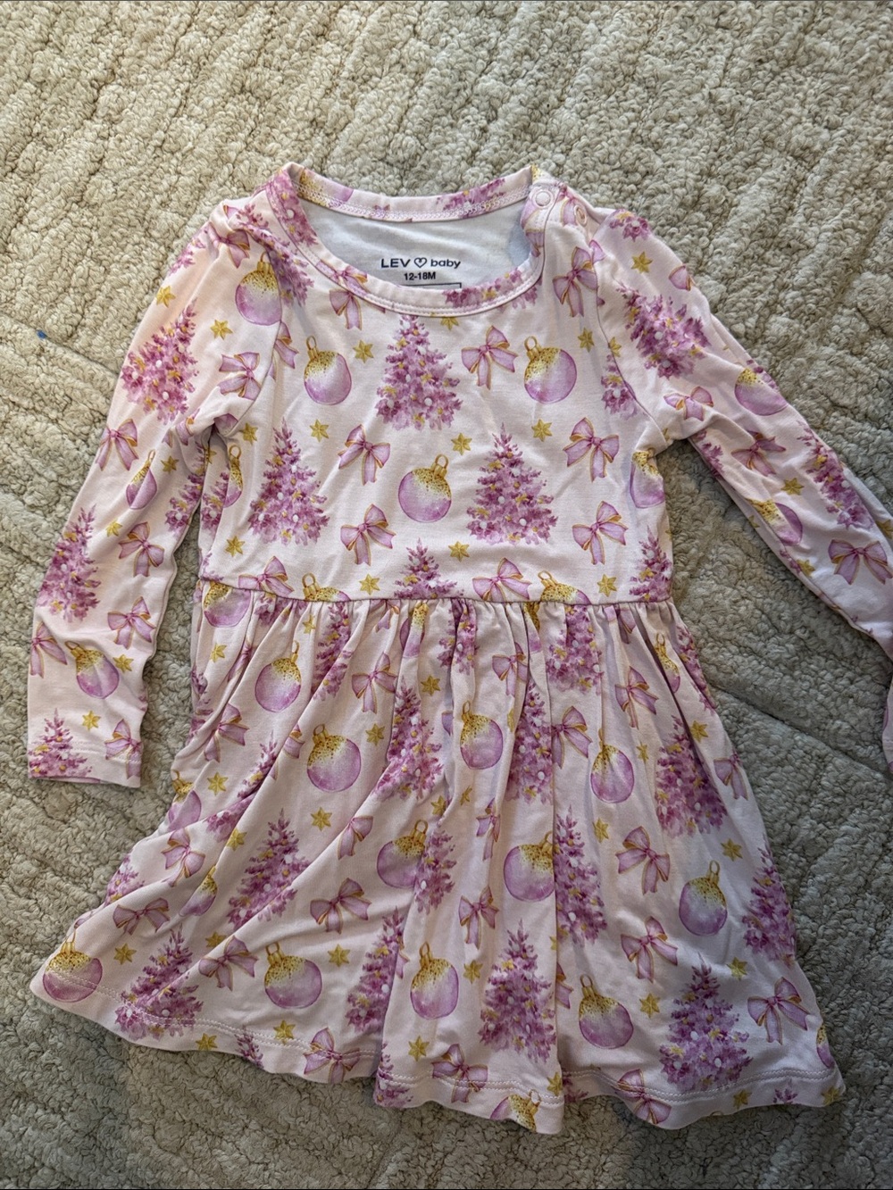 Pink Holiday Tree Print Long-Sleeve Dress for Kids